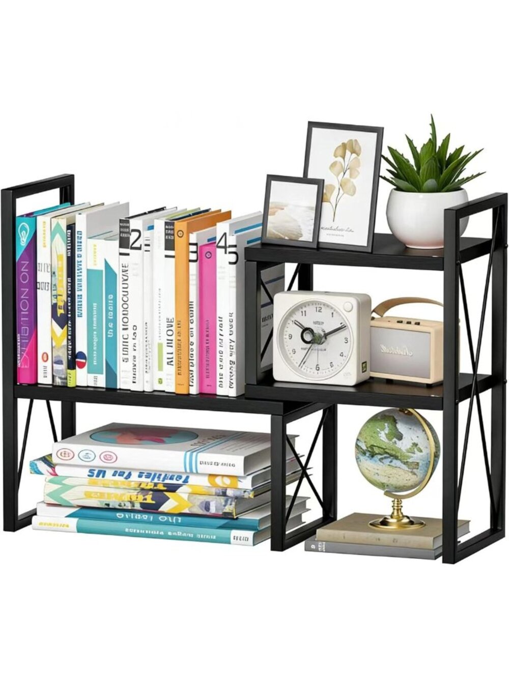 Expandable 2-Tier Wood Desktop Organizer & Metal Corner Bookshelf for Office